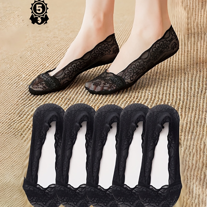 Image of 5 Pairs Women's Summer Invisible Boat Socks - Lace Trim & Anti-slip Sole, Moisture-wicking Breathable Suitable For Daily Wear, Sneakers,, Athletic - Boat Nautical Socks