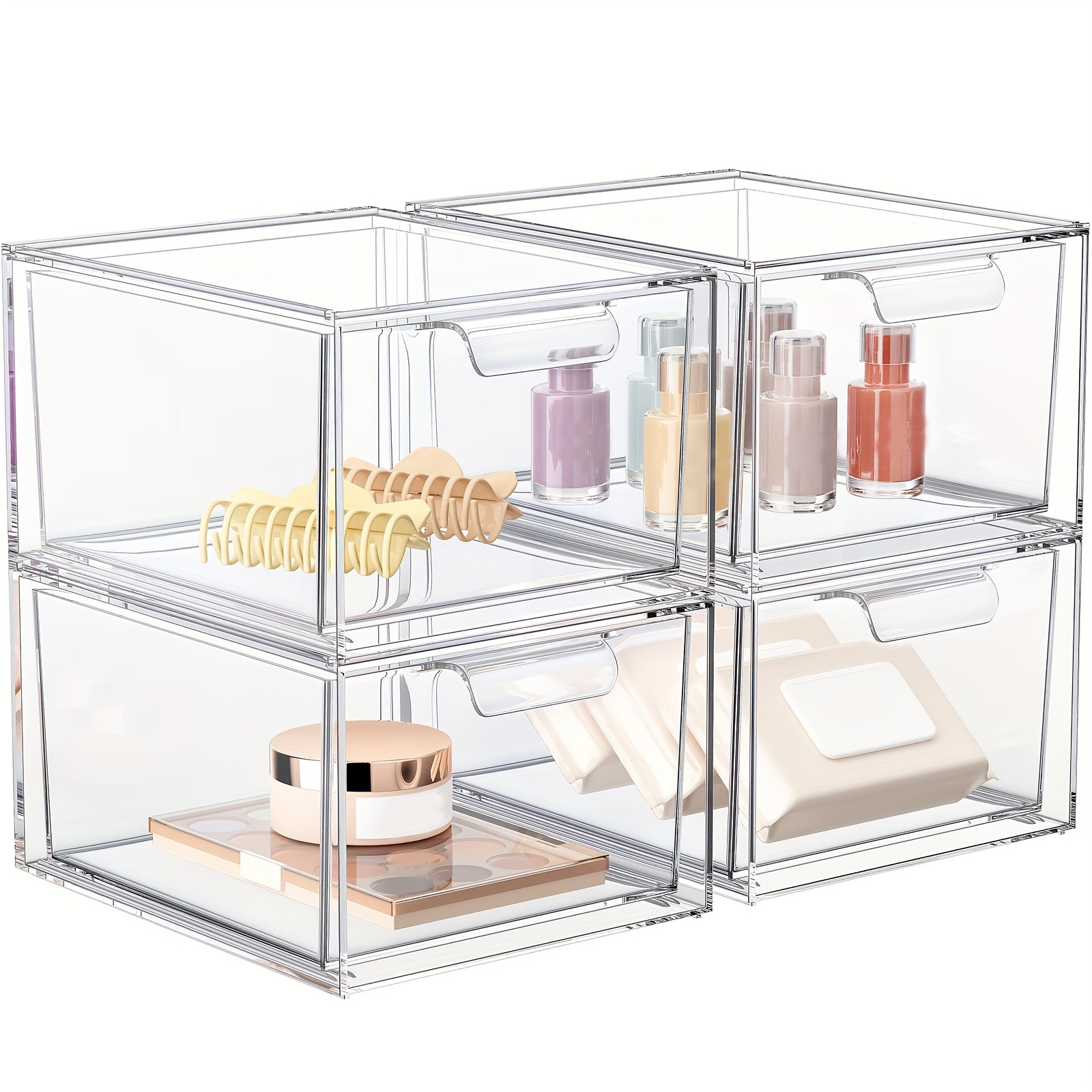 

2/4pcs Stackable Makeup Organizer And Storage, Cosmetic Drawer Organizers, Clear Storage Drawer With Handles For Vanity, Undersink, Kitchen Cabinets