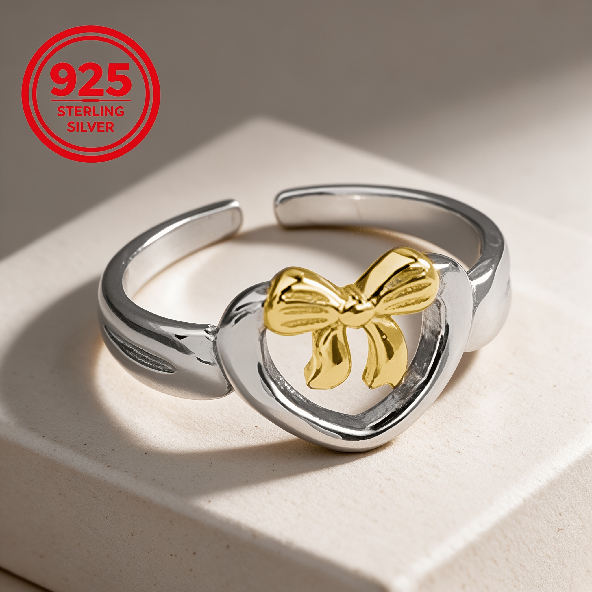 925 Silver Hypoallergenic Adjustable Open Heart-Shaped Bow Ring, Stylish
