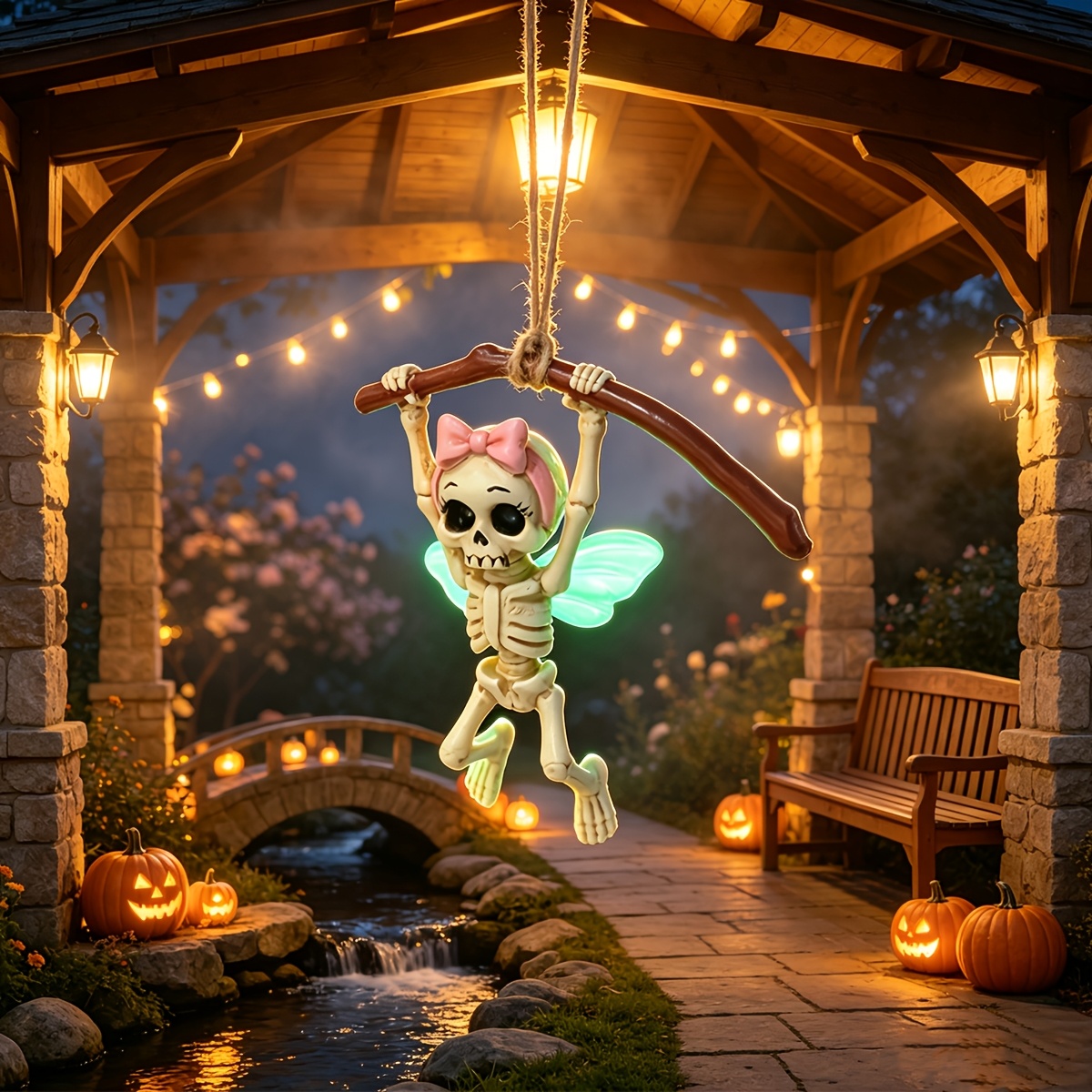 TEMU Outdoor Statue, Creative Pink Bow Skeleton Fairy Hanging Pendant, Dark And Cute Festive Resin Ornament, Halloween Gardening Enthusiast Niche