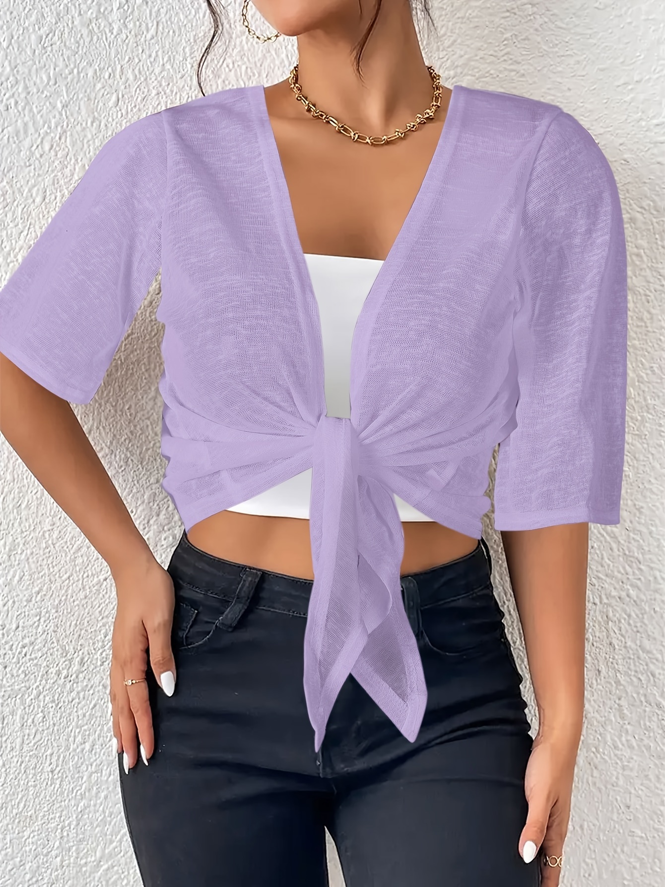 Bell Sleeves Cropped Lavender Cardigan Women's Bell Sleeve Knotted
