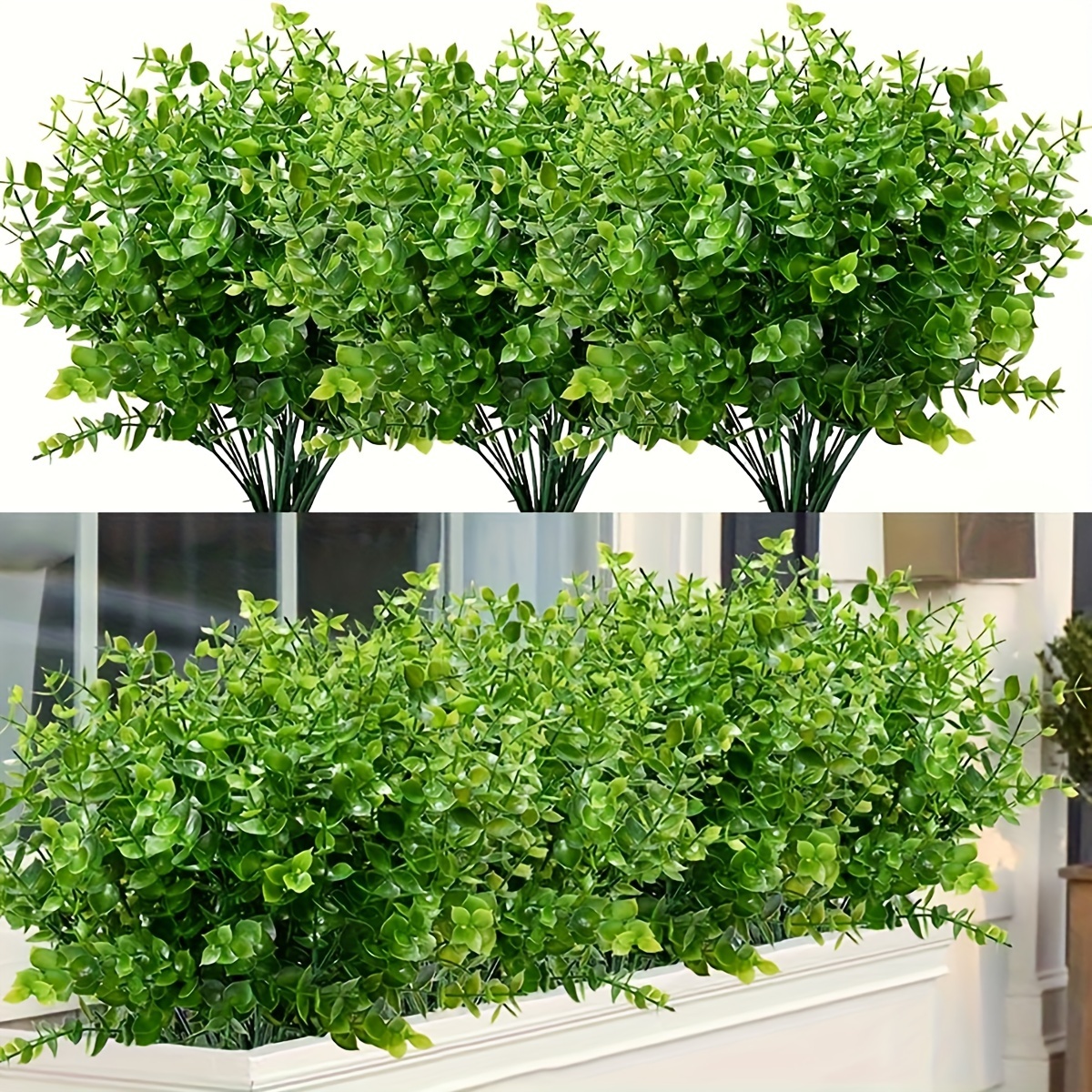 

8 Bundles Outdoor Artificial Boxwood Uv Resistant Fake Stems Plants, Faux Plastic Greenery For Indoor Outside Hanging Plants Garden Porch Window Box Home Wedding Farmhouse Decor