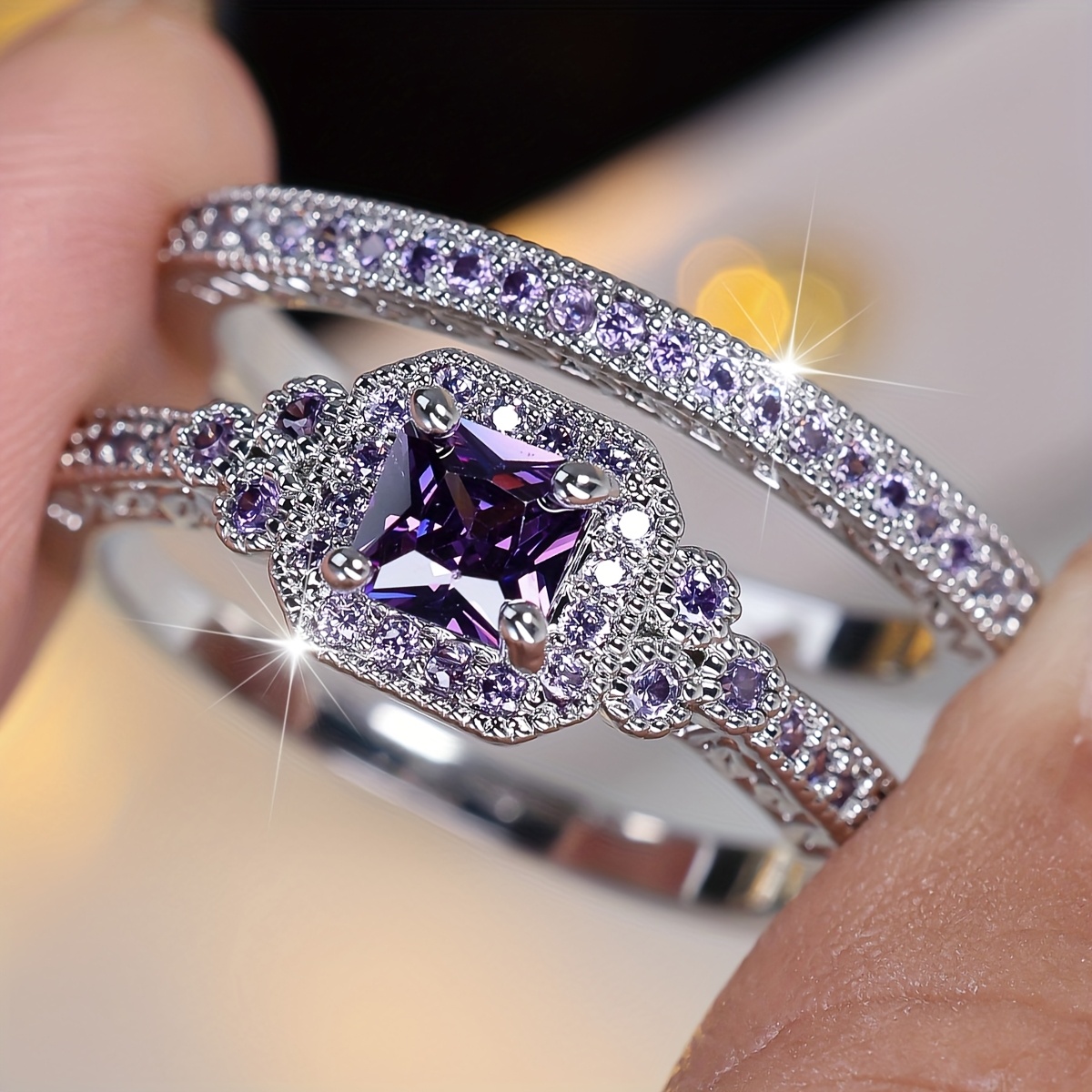 TEMU 2pcs/'set Cut Purple Stone Engasynthetic Gemstoneent Ring Set Silvery Color Circle Ring Wedding Jewelry