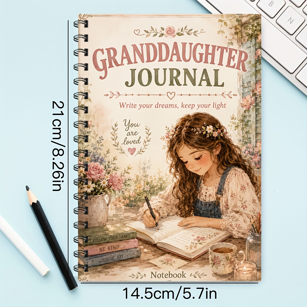 TEMU Granddaughter Journal A5 Spiral Notebook, 1pc Writing Journal Cover With Granddaughter Writing, Artwork, Stacked Books, Vintage Colors, Write