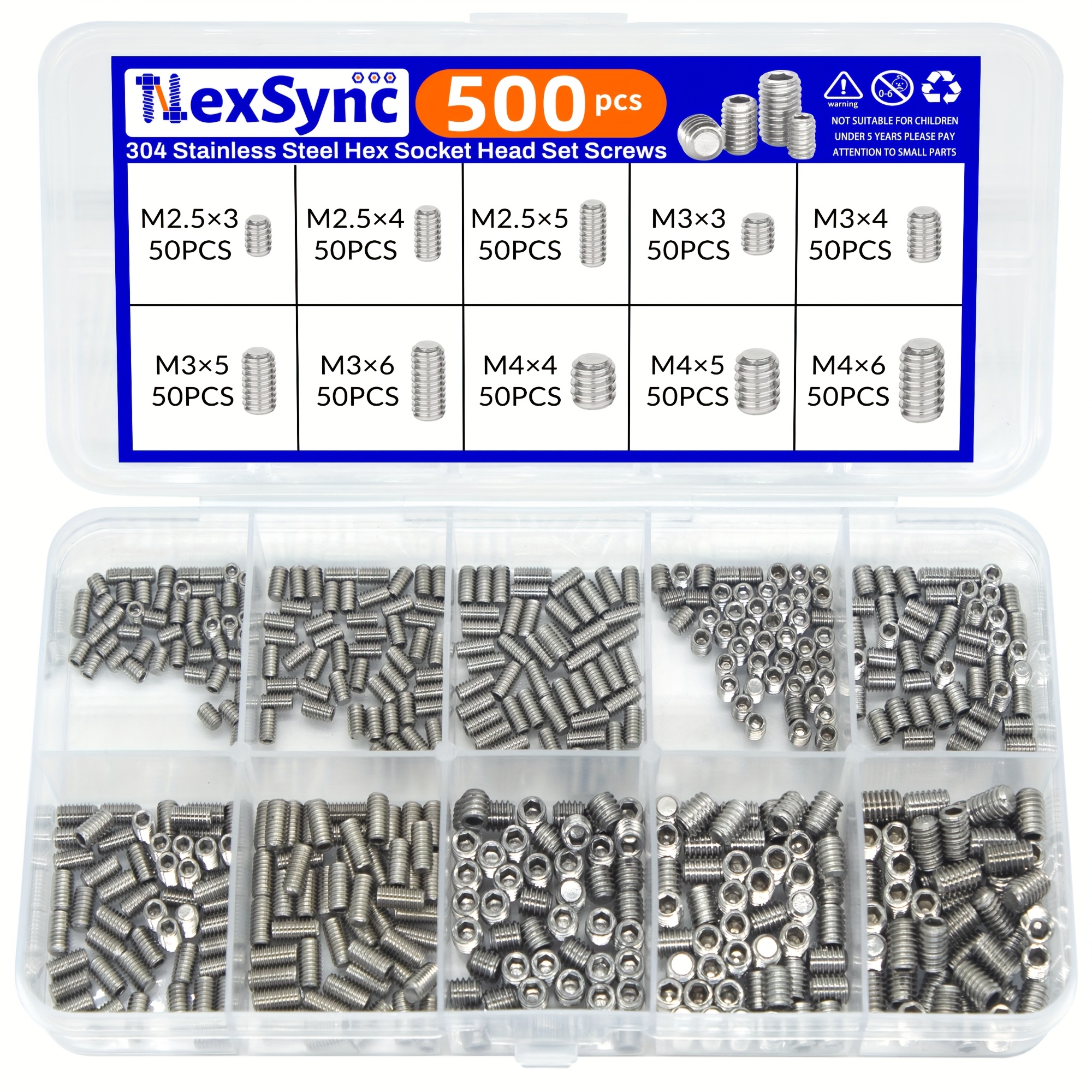 500pcs M2.5 M3 M4 304 Stainless Steel Hex Hexagon Socket Allen Grub Set Screw Kit Box