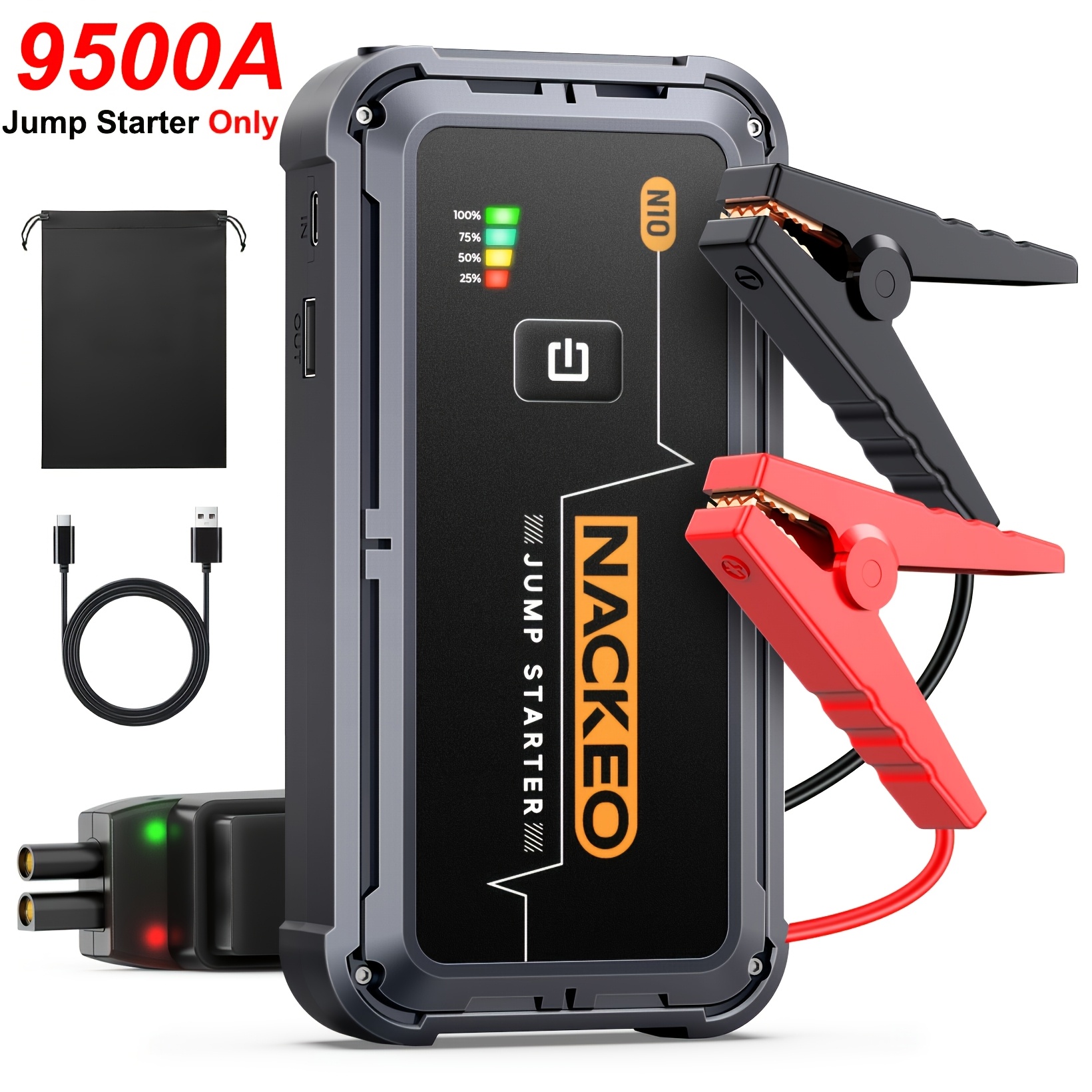 9500a Auto Jump Starter Power Pack, 12v Car Battery Booster For All Gas & 10.0l , Smart Jumper Clamps, Drawstring Bag