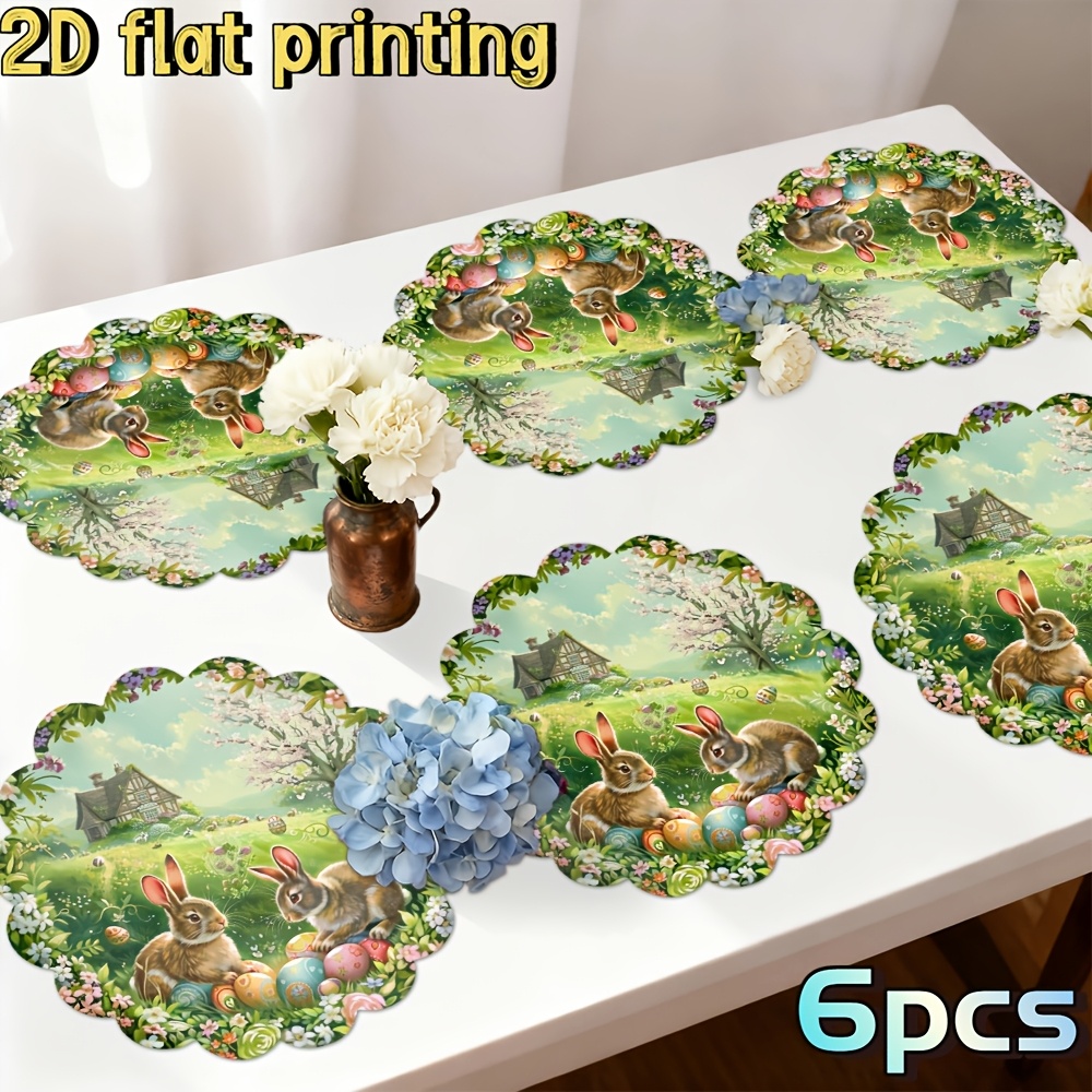 6pcs And Cottage Theme Round Napkins | Easter Table Decor With Egg Hunt Patterns, Durable Polyester, Machine Washable - Perfect For Spring Dinner And Easter Celebrations