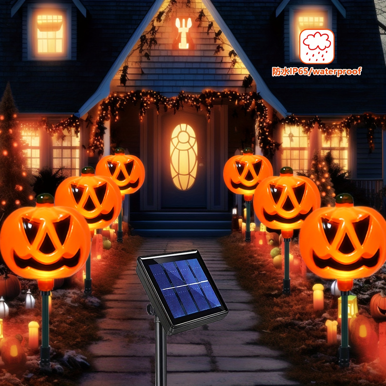 

Pumpkin Stake Lights Set Of 6, Ip65 Waterproof Plastic Pathway Markers, Solar Charging 800mah Nickel Battery, Outdoor Garden And Yard Decor With Semi Flush Mount & Push Button Control