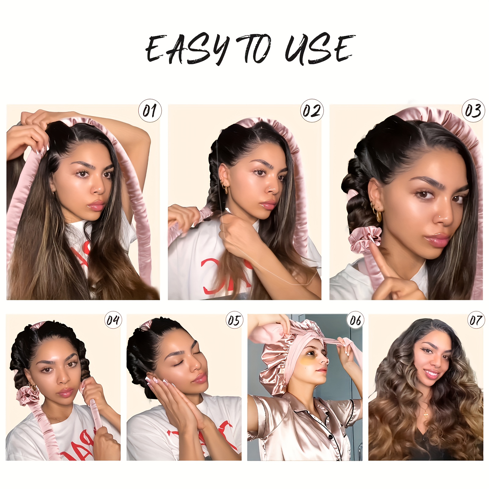 ELLITINA 5pcs No-Heat Hair Curler Set with Satin Sleep Bonnet & Headband - Heart & Solid Color Curling Rods, Overnight Curls, Hypoallligenic for Scalp, Long Hair Friendly, Adjustable DIY Multistyle for all hair Types,
