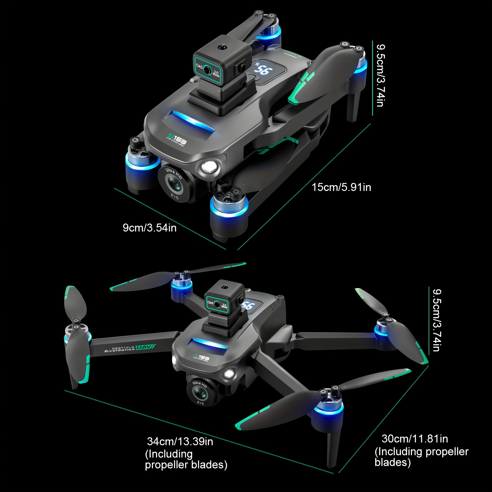 Dron S159 z GPS, podwójną kamerą i em, pozycjonowanie optycznym przepływem – stabilne loty, bezszczotkowy silnik, inteligentne unikanie przeszkód, wyświetlacz baterii, składany design, idealny prezent na święta lub urodziny