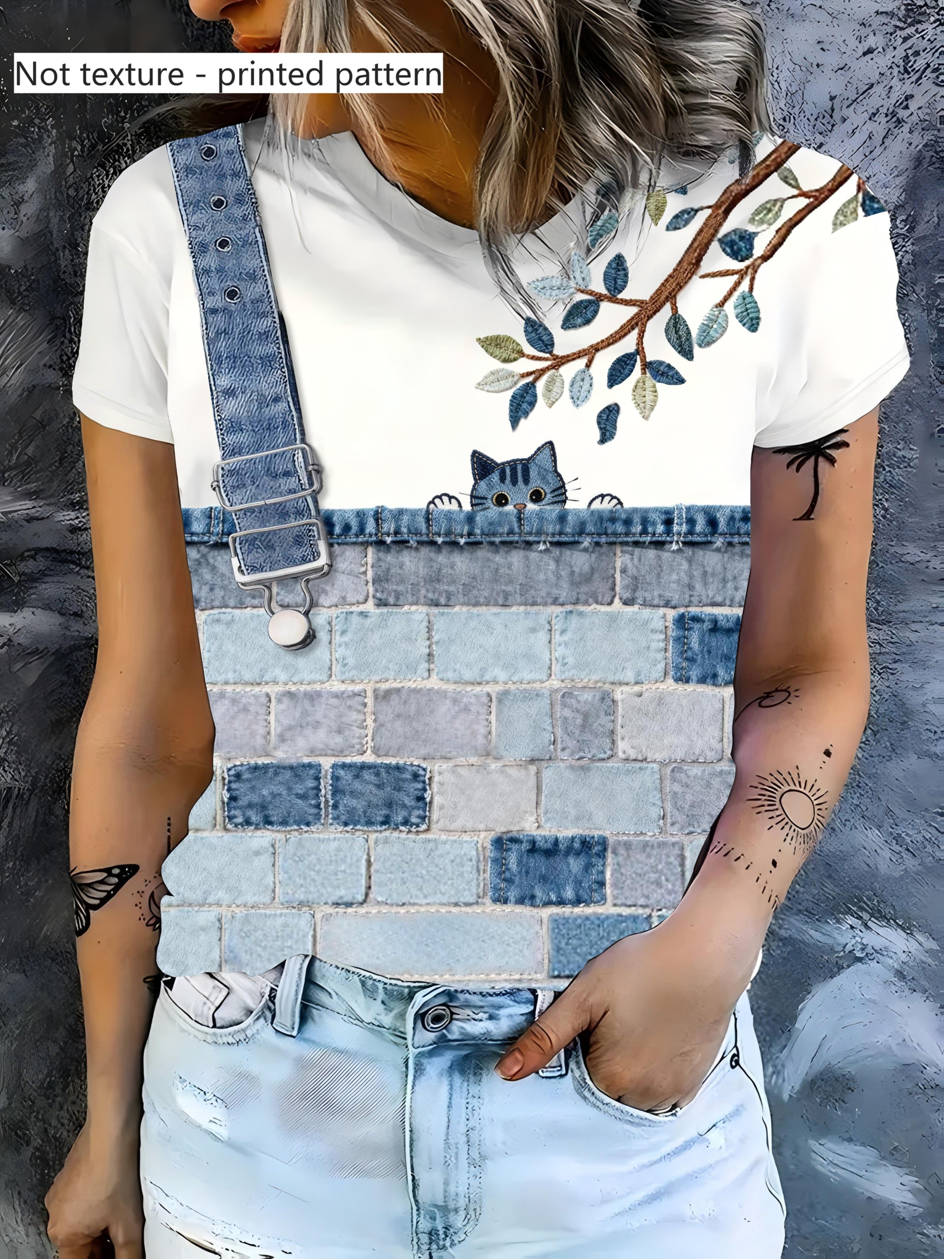 womens white crew neck short sleeve t shirt fun cute cat peeking wall     soft machine washable suitable for daily   campus outfits light date  