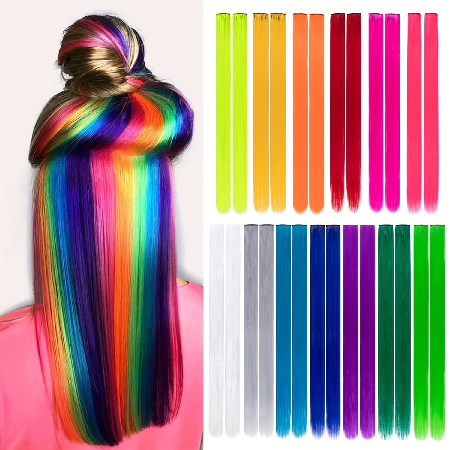 TEMU 26pcs Vibrant Clip-in Hair Extensions, 20" Straight Synthetic Rainbow Highlights For Women - Party & Festive Colors (red, Green, Blue, Purple, Pink), Cute Hair Accessories