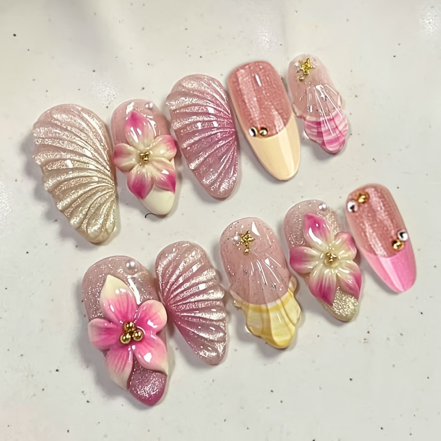 TEMU 10 uds. Uñas postizas reutilizables para mujer, con forma de , media/larga, con diseño de concha de rosa y flor en 3D con pedrería, , degradado,