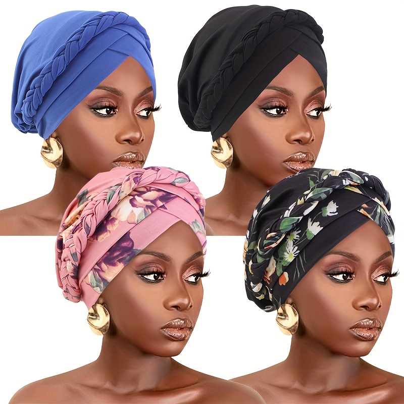 4pcs Set of Printed Twisted Braid Double Cross Headscarf Hat, Solid Color Bohemian Style Head Wrap, Ethnic Fabric Hat, Solid Color Ethnic Style Headscarf Hat, Muslim Cap