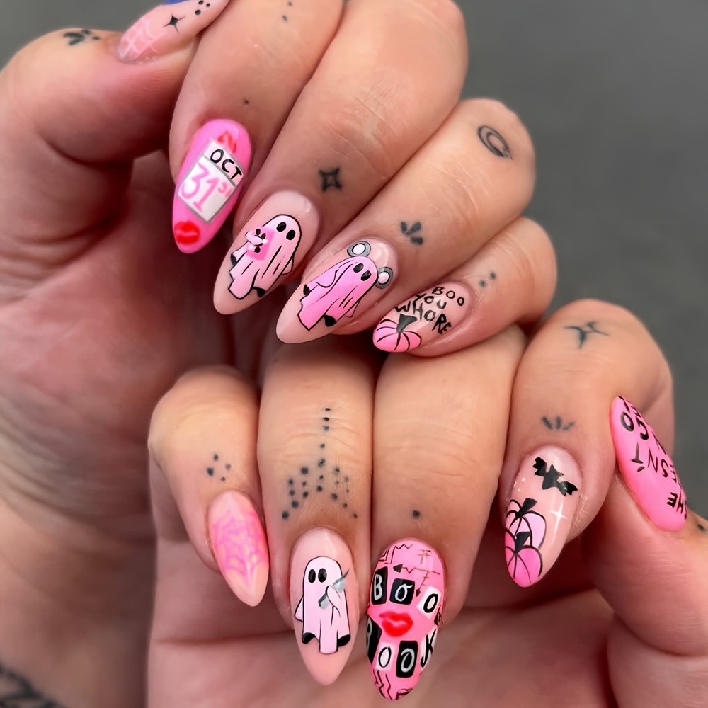TEMU 30pcs Medium Almond Press-on Nails, Cute Pink For Halloween Fake Nails, Cartoon , , Bat, Web & "" Calendar Print, Lip And "boo" Letter Design,