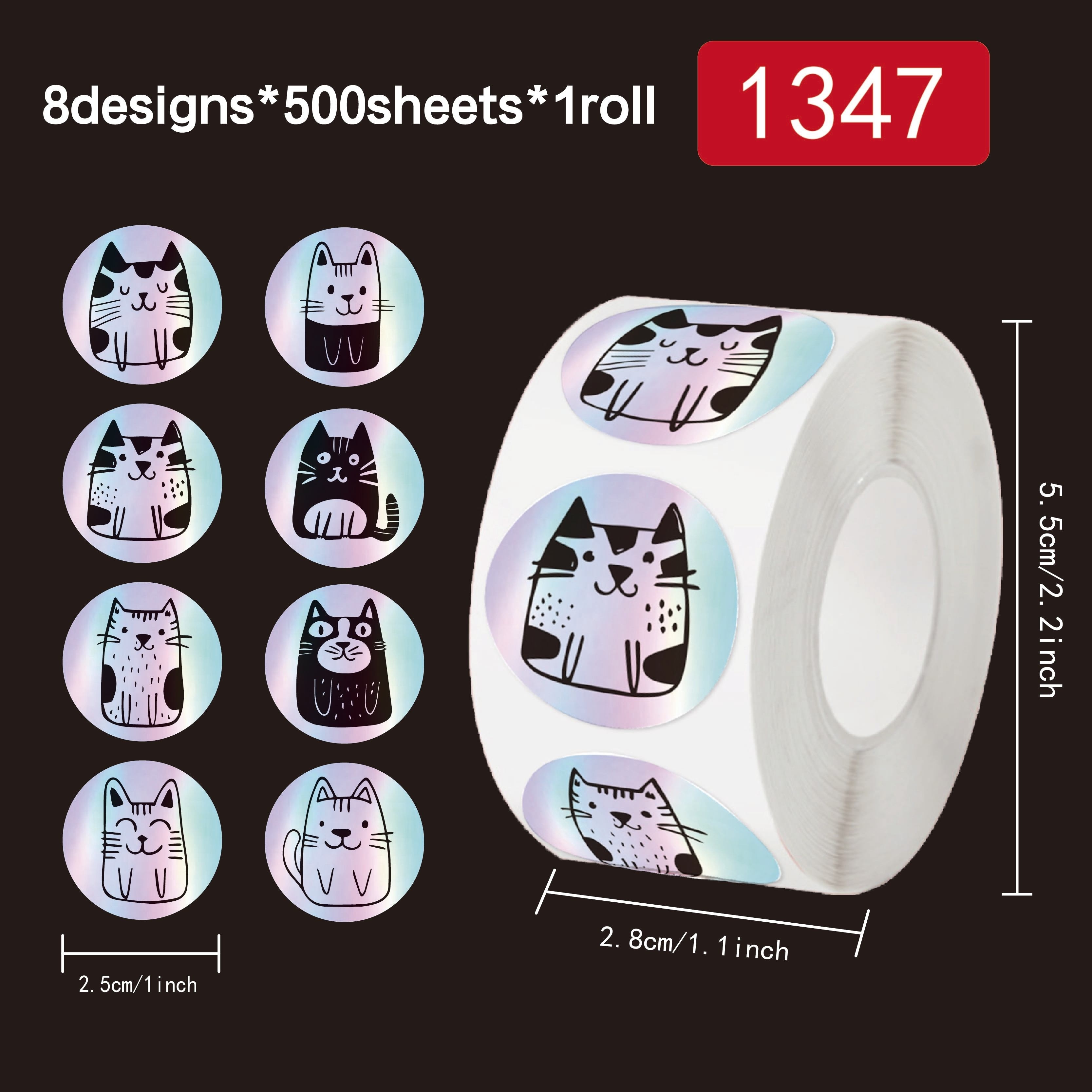 Cartoon Cat Sticker Roll, 8 Styles, 500 Holographic Cat Stickers, Suitable For Crafting And Gift Box Decoration Sealing