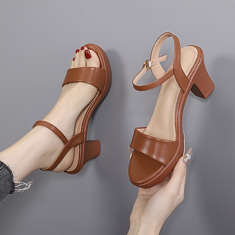 womens brown chunky heeled sandals for summer featuring a   and versatile design with a single strap and round toe in a european and   women shoes details 1