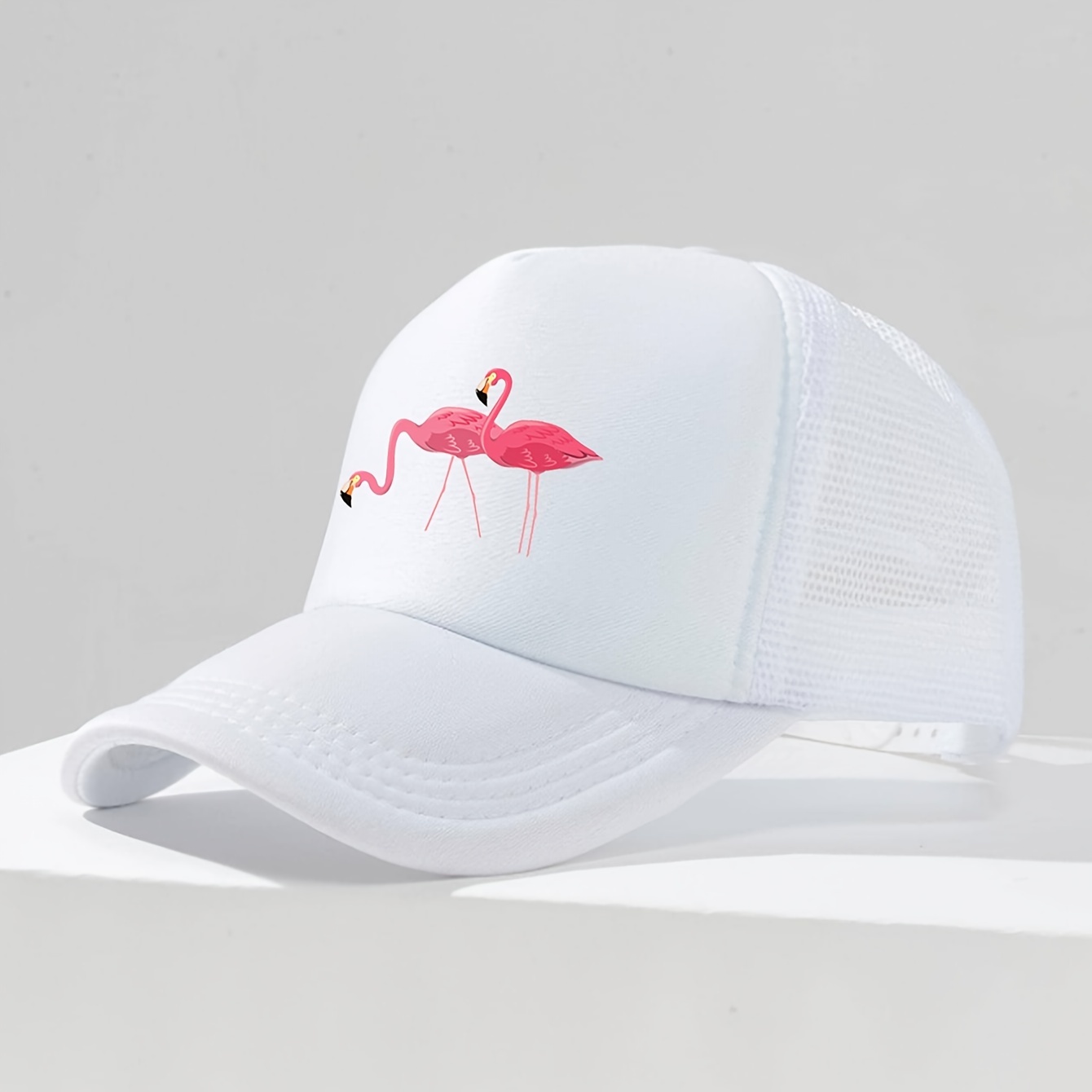 TEMU 1pc 2 Flamingo Print Breathable Back Mesh Baseball For Daily And Outdoor Travel Adjustable Casual Curveback Hat Unisex Sunshade Trucker Caps
