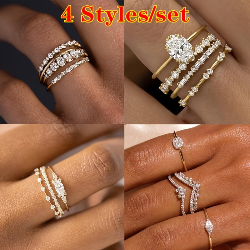 

4 Styles/set Of Charming Shiny Stackable Rings For Bridal Engagement And Wedding - Elegant Jewelry - Fashion Accessories