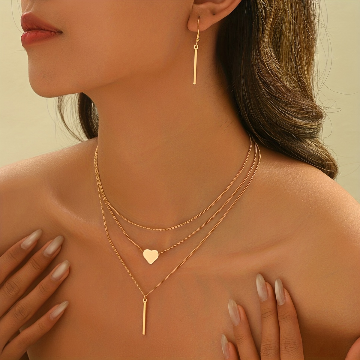 TEMU Set di gioielli da donna in stile boh矇mien , 2 pezzi, set western individualista facile con ciondoli geometrici dorati lunghe a forma di cuore ,