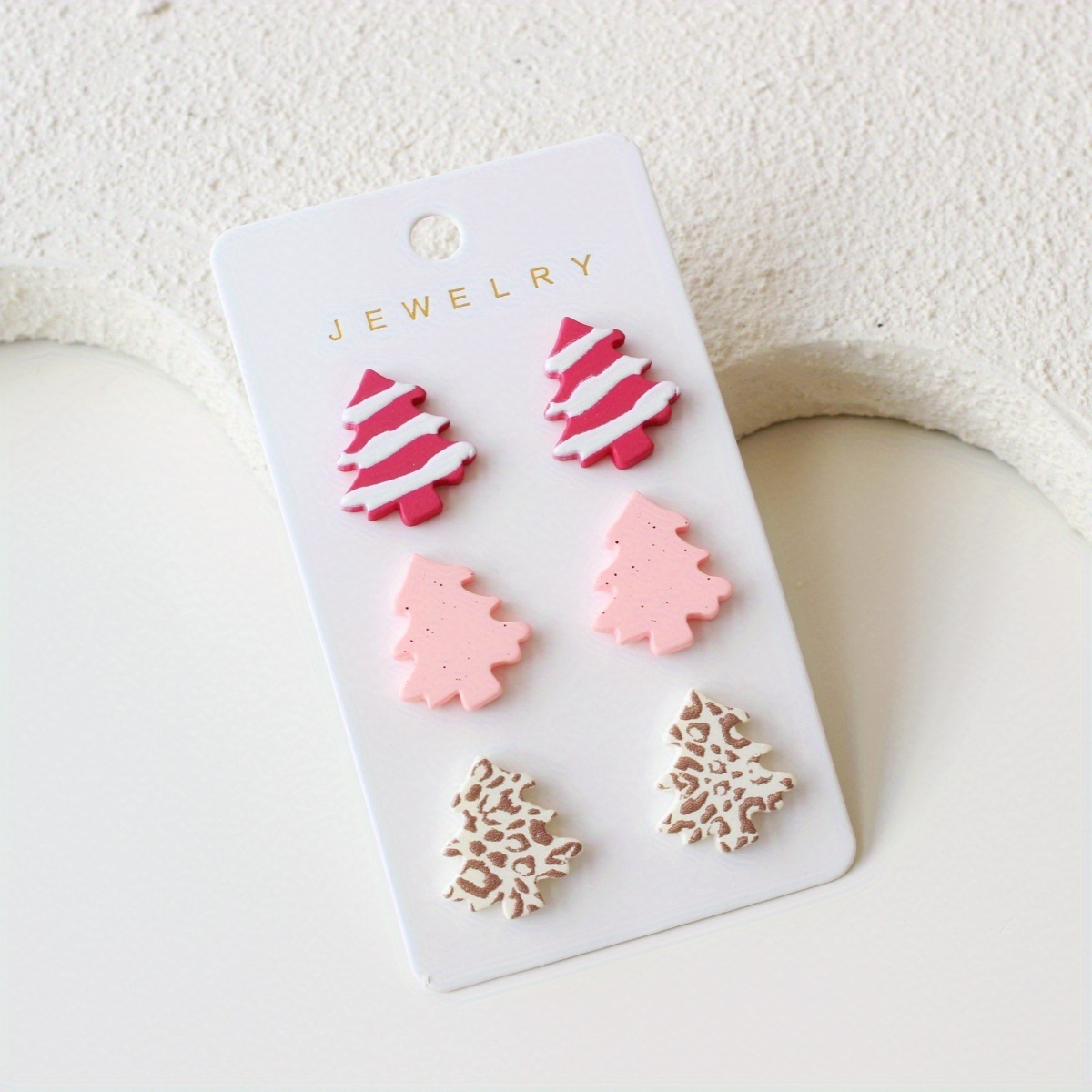 TEMU Christmas 3-for-1 Card Set, Pink Series Christmas Tree Leopard Acrylic Women's Stud Earrings, Terracotta Material, Cute Vintage Simple Versatile
