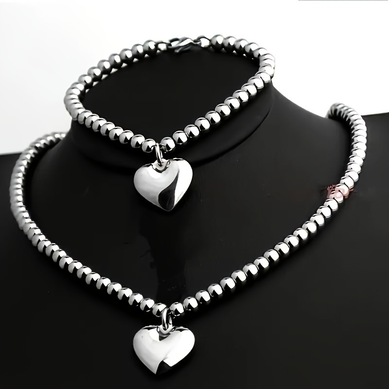 

2-piece Set Stainless Steel Beaded Necklace And Bracelet With Heart Pendant, Elegant Luxurious Style For Women, Fashion Simple Jewelry Set