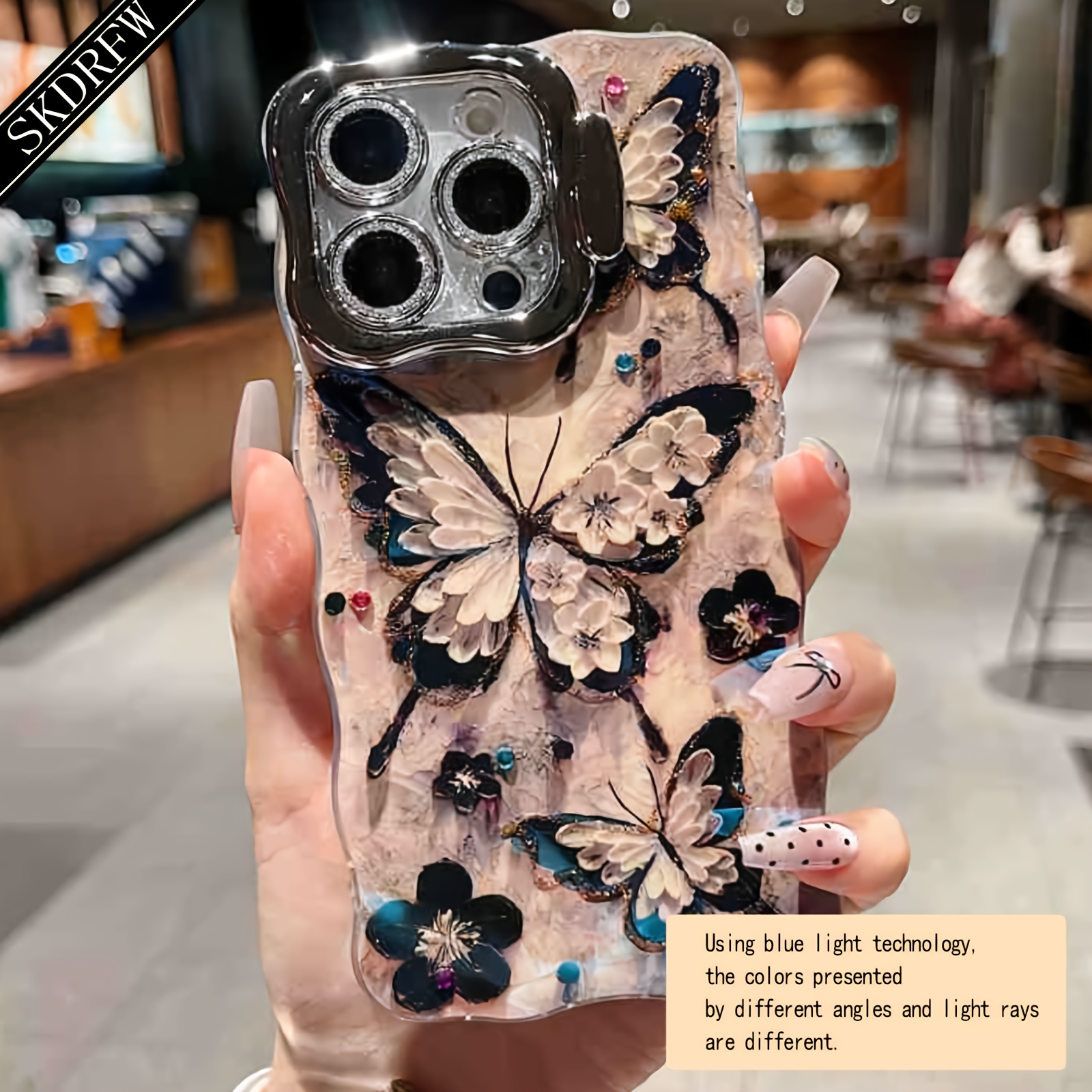 TEMU Phone Case - High-end Y2k Laser Blue Light Oil Painting Phone Case With Irregular Wave Edges, Invisible Stand, And Dopamine Shockproof