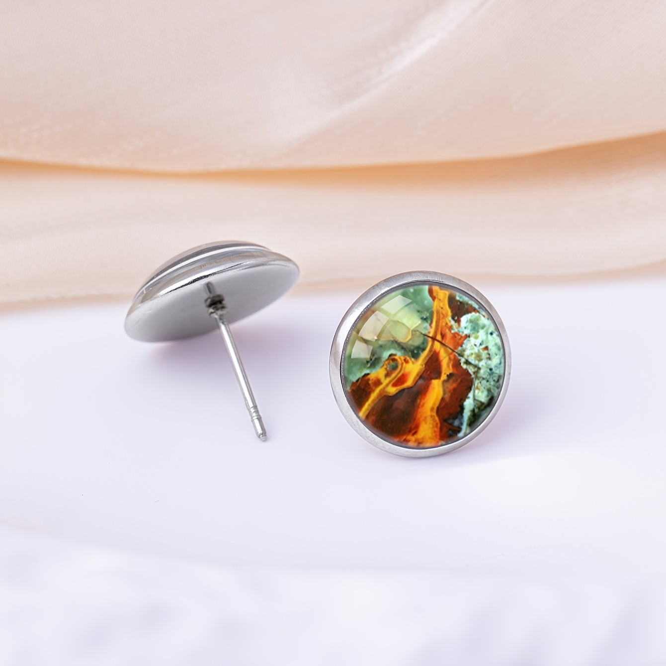 Orange-Green Mineral Texture Pattern Stud Earrings