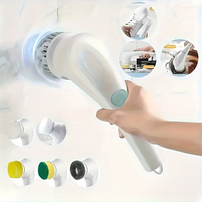 5 in 1 rechargeable electric scrubber with 500mah battery portable wireless no contact cleaning brush for kitchen alternatives kitchen cleaning brush modern kitchen accessory durable scrubbing head white 0