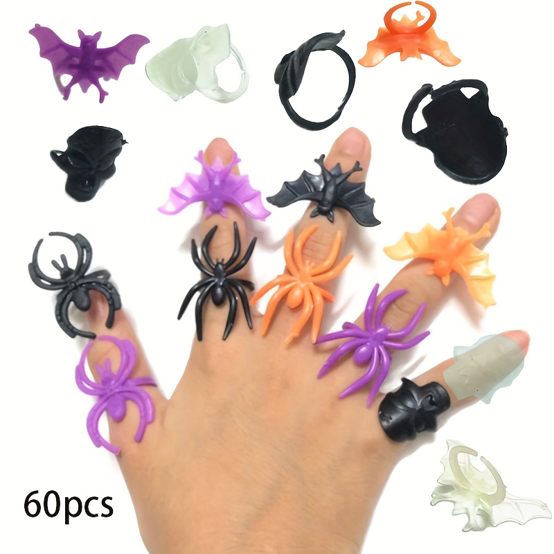 

60 Pack Party Favors - Assorted Plastic Bat, Spider, And Rings - Polypropylene Novelty Jewelry For Costume Dress-up & Game Prizes - Spooky Accessories For Teens & Adults