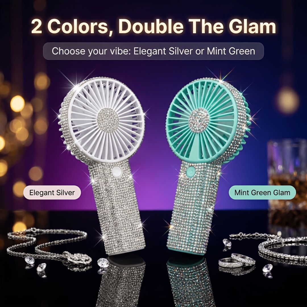   portable fan featuring an elegant diamond design sparkling mini personal fan shimmering decorated usb rechargeable battery operated   settings ideal for girls and women for outdoor weddings travel indoor and office use