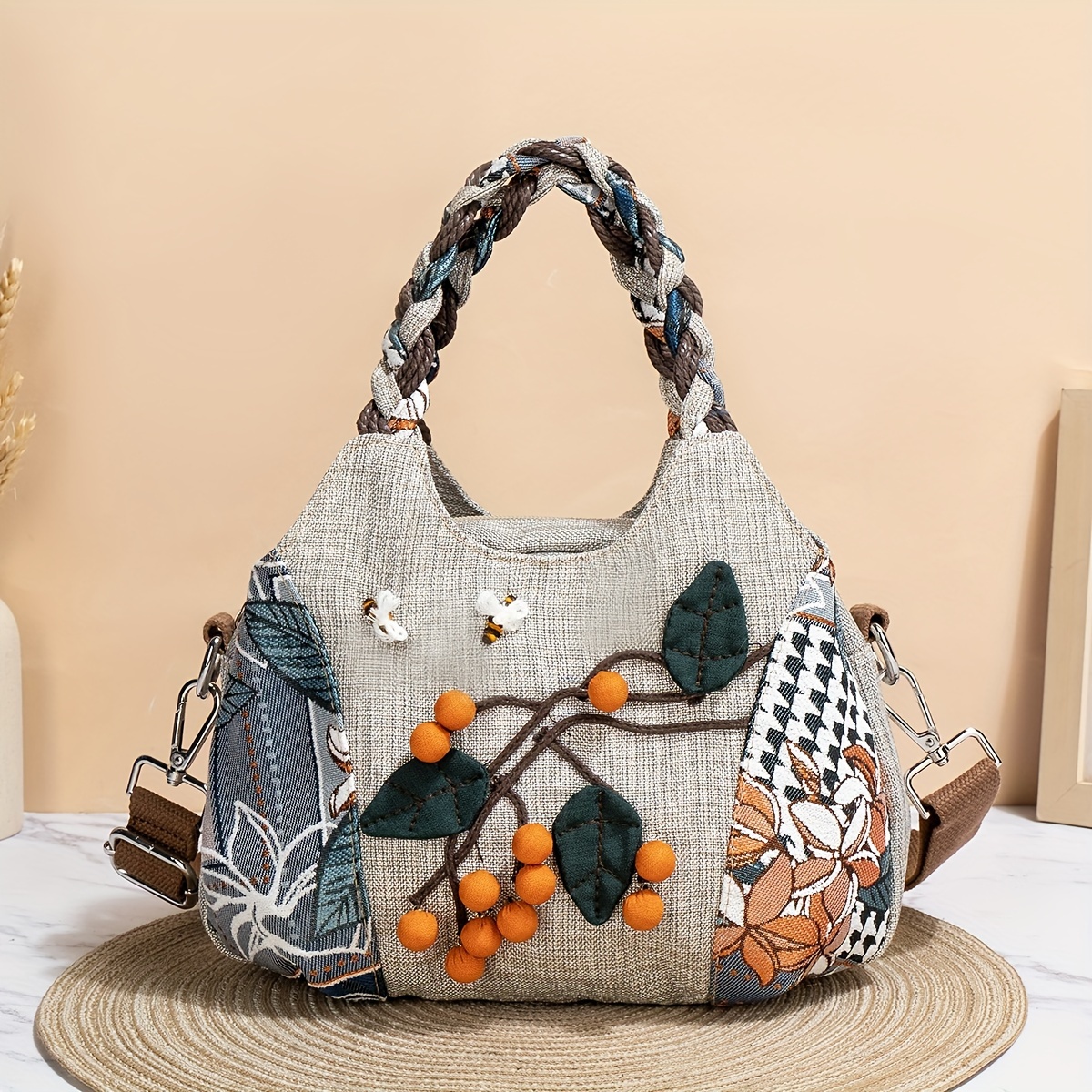 

Bohemian Style Handmade Handbag With 3d Beads & Bee Embellishments, Multi-pocket Crossbody & Top Handle Bag