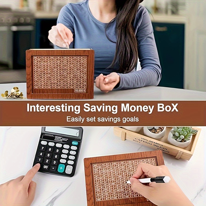 

Wooden Savings Box With Coin Counter – Interactive Money Saving Box With , Dark Brown – Required, Manual Coin – Ideal Piggy Bank With Target Setting