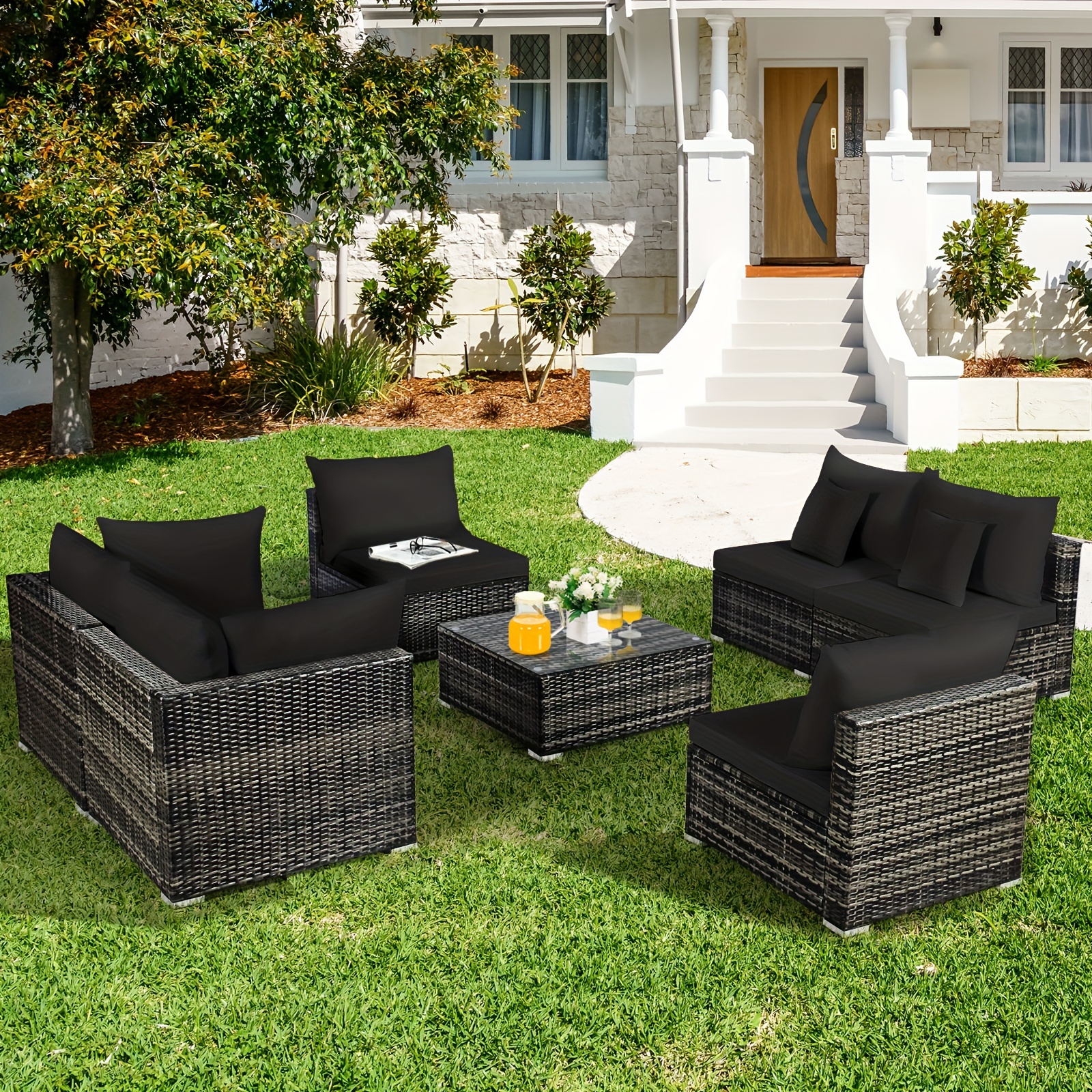 7pcs Patio Rattan Furniture Set - Black Cushion, Sectional Sofa, Corner Sofas, Single Sofas for Garden