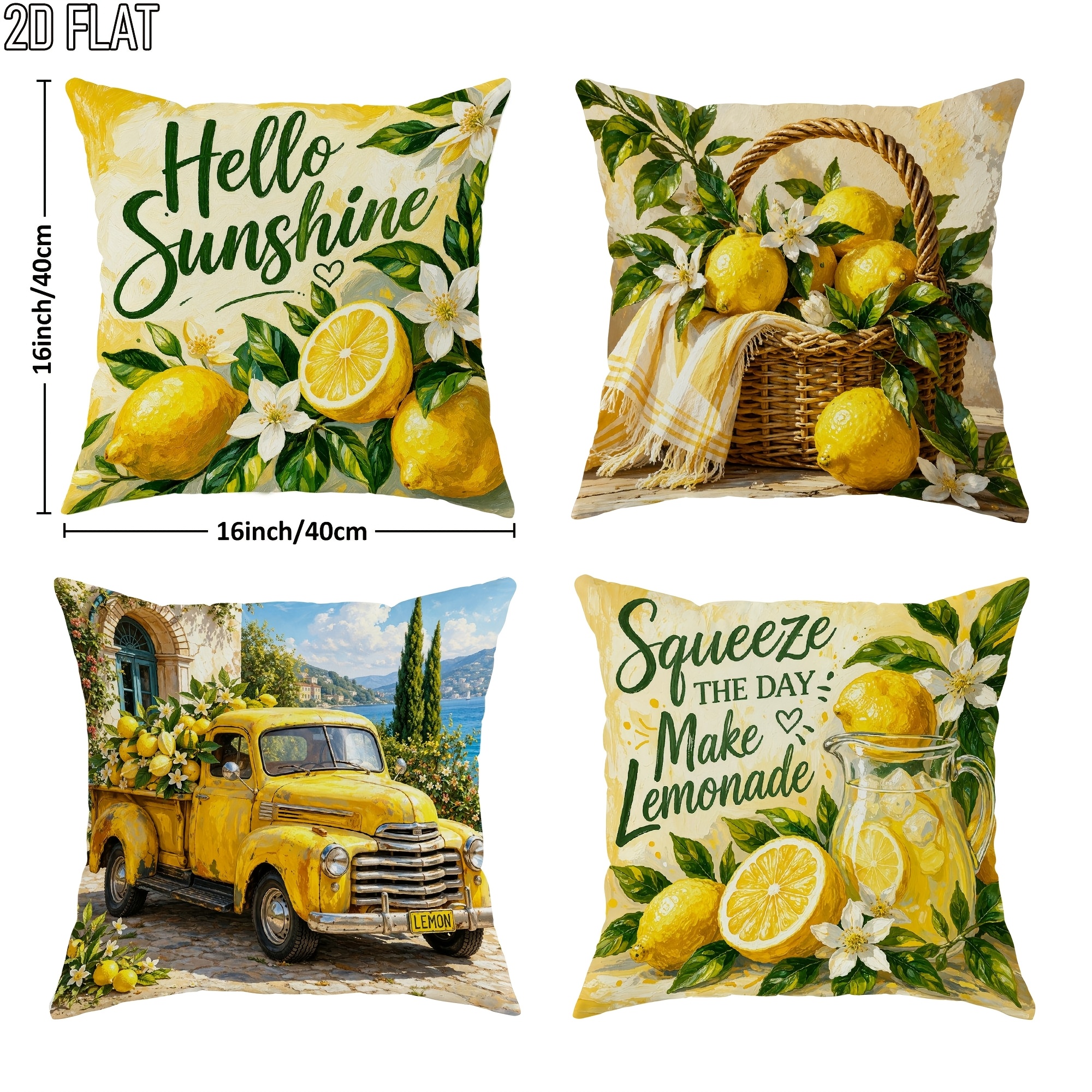 E-shop 2D Flache 4-teilige Outdoor Pool Party Sunshine Zitronenfrische Kissenbezüge Gelb Grün Blumige Dekorative Kissenbezüge Einseitiger Druck für