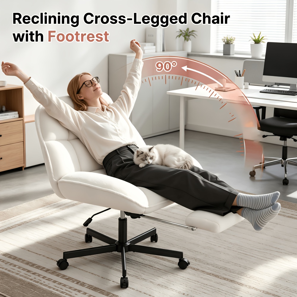 Vanity Chair with Footrest, Teddy Fleece Vanity Chair, Height Adjustable Swivel Desk Chair, 90°-120° Recline, with Wheels, for Bedroom, Home Office, Makeup