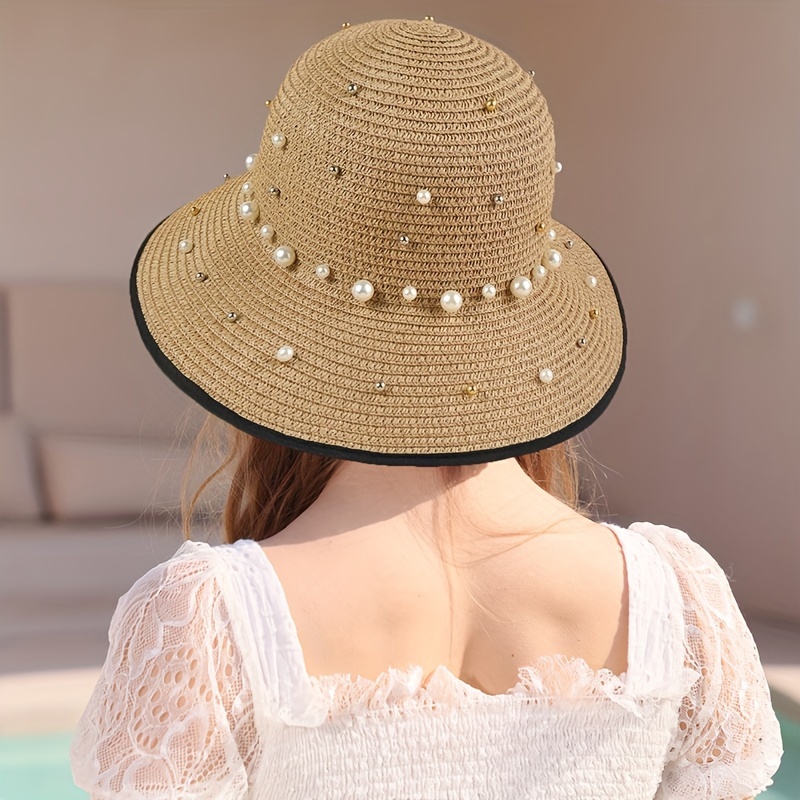 3D Flower Beads Decor Sun Hat, Bucket Hats Monochrome Wide Brim Sunshade Hats Summer Foldable Lightweight Straw Hats for Women,SUN/UV Protection