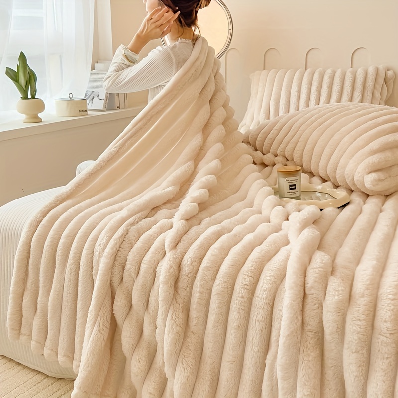 luxurious   rabbit fur shawl blanket soft warm cozy for sofa bed   versatile   gift machine washable striped cream beige   milk fleece fabric   blanket striped pattern soft fleece fabric fleece blanket Product details 4