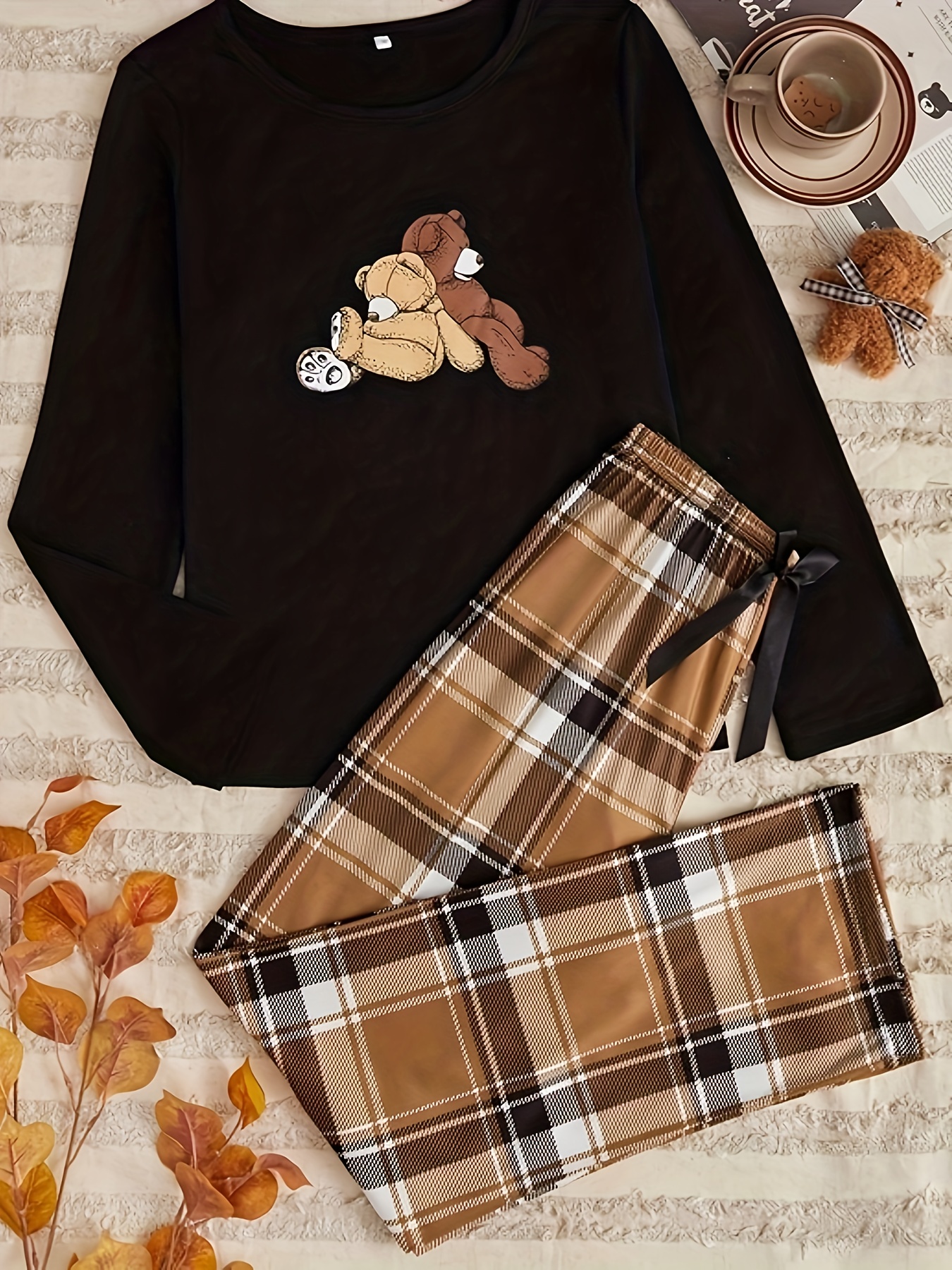 Cute Teddy Bear Print Pajama Set Cozy Long Sleeve Round Neck - Temu