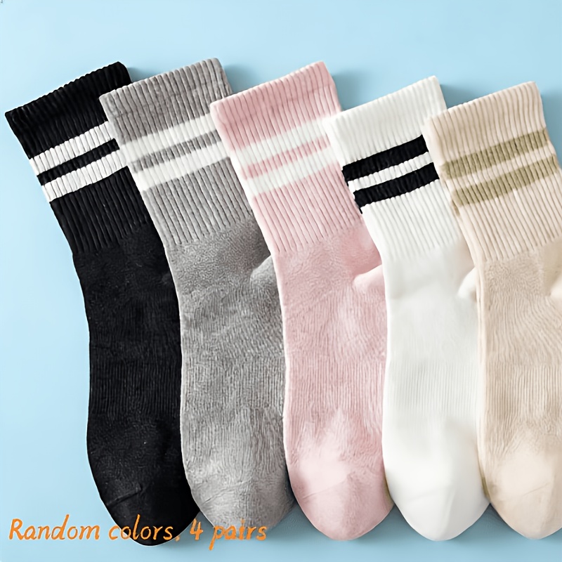 TEMU 4 Paires de Chaussettes Rayées pour Femmes, Couleurs Aléatoires, Sportives, Tendance, Mode Douce et Respirante, Chaussettes Montantes Adaptées à