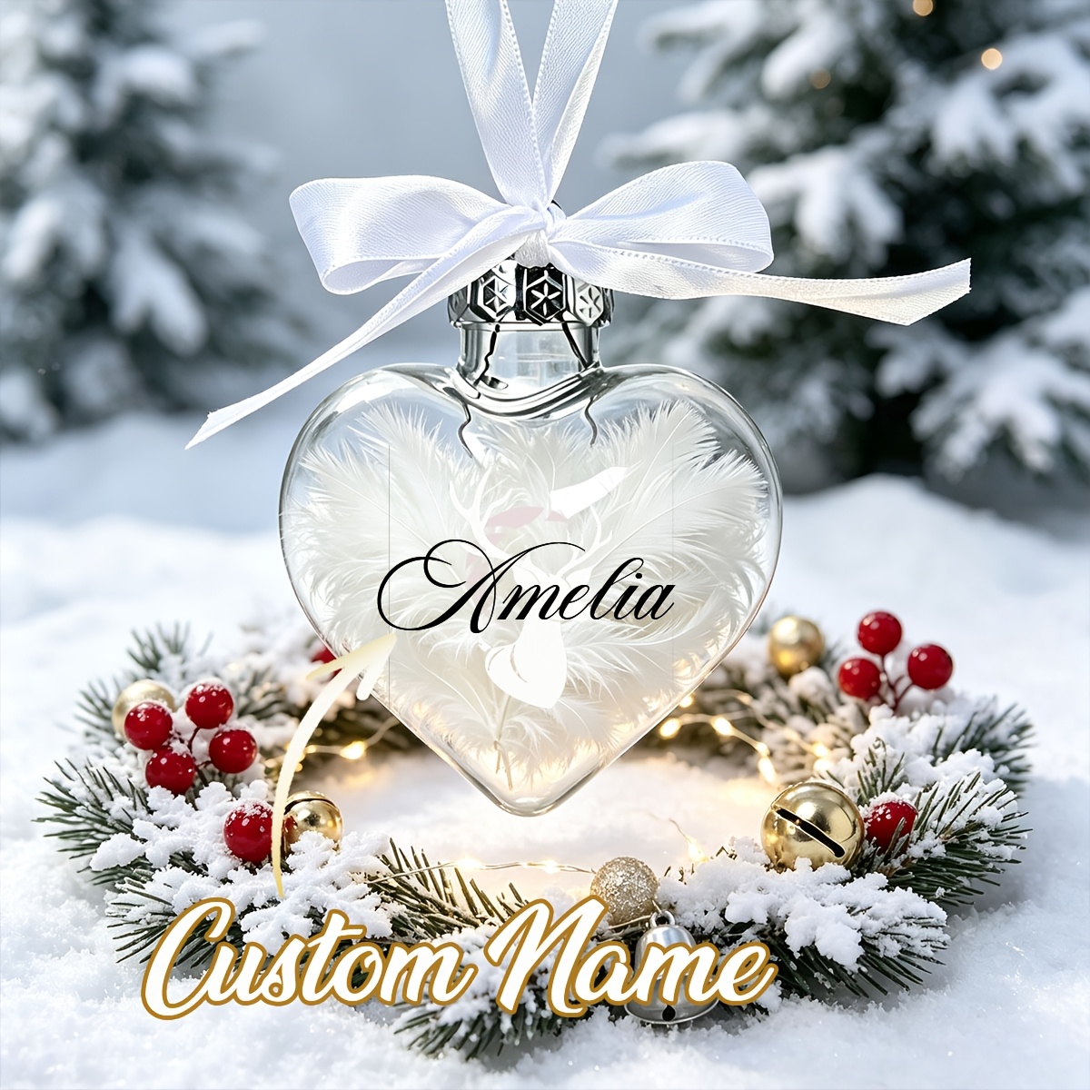 TEMU 2026 New Personalized Custom Heart-shaped Christmas Ornament With Built-in , Satin Bow, Featuring Self- Text Christmas Tree Bauble, Custom