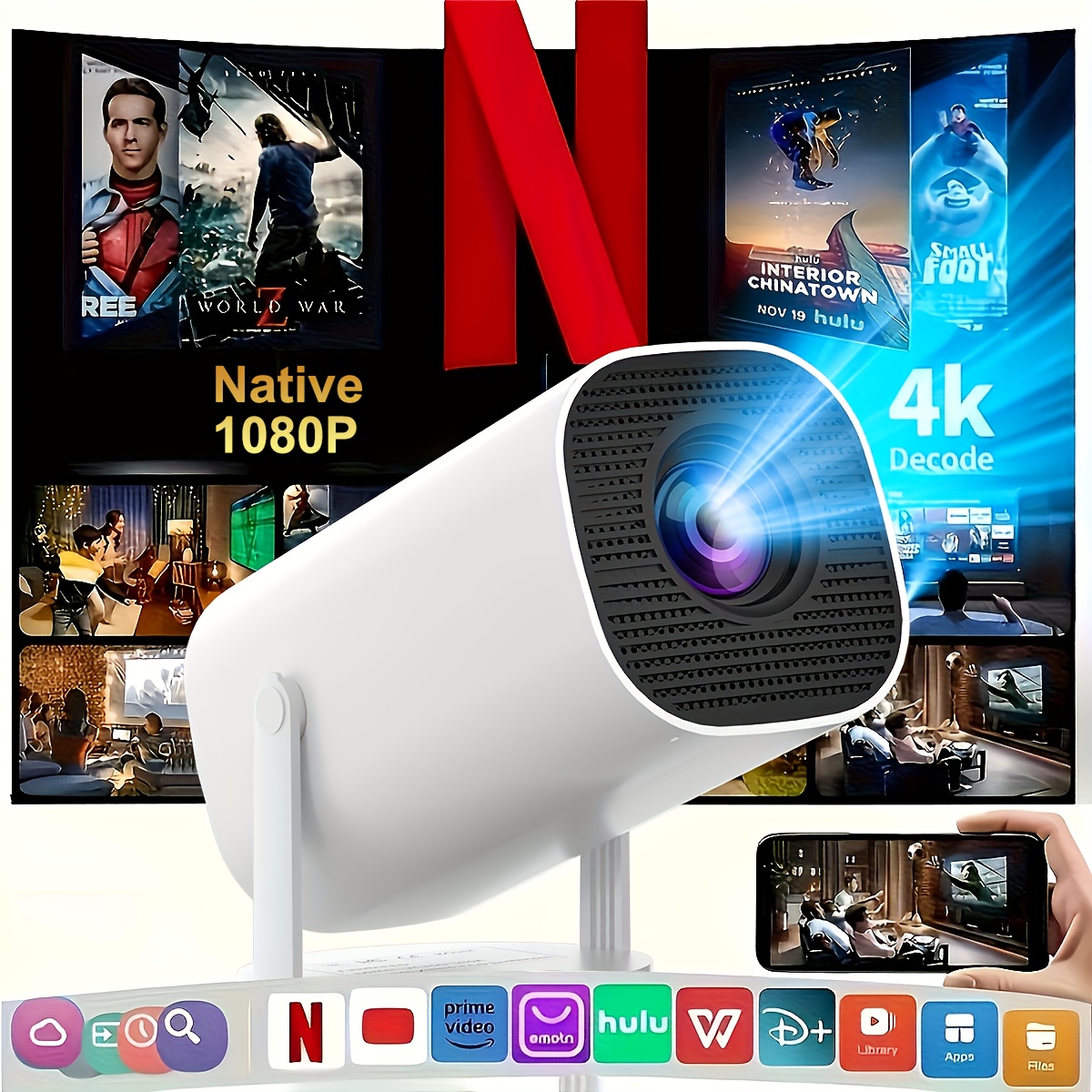 TEMU Projector 4k, Native 1080p Wifi6 Bluetooth Suitable For Mobile Phones Notebooks Home Theater Projectors