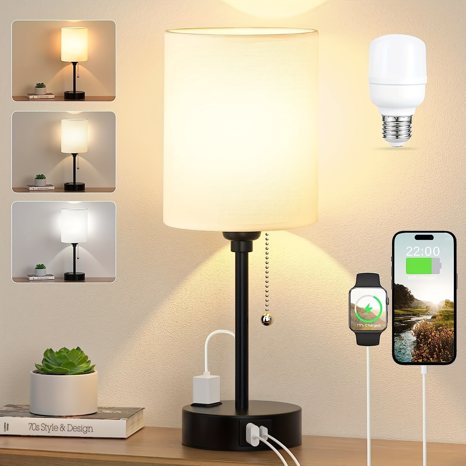 

Bedside Lamp For Bedroom Nightstand - Small Table Lamp With Usb A + C Charging Port, 3 Color Temperatures Pull Chain Night Stand Light With Bulb, Side Table Desk Reading Lamp For Living Room For Hotel