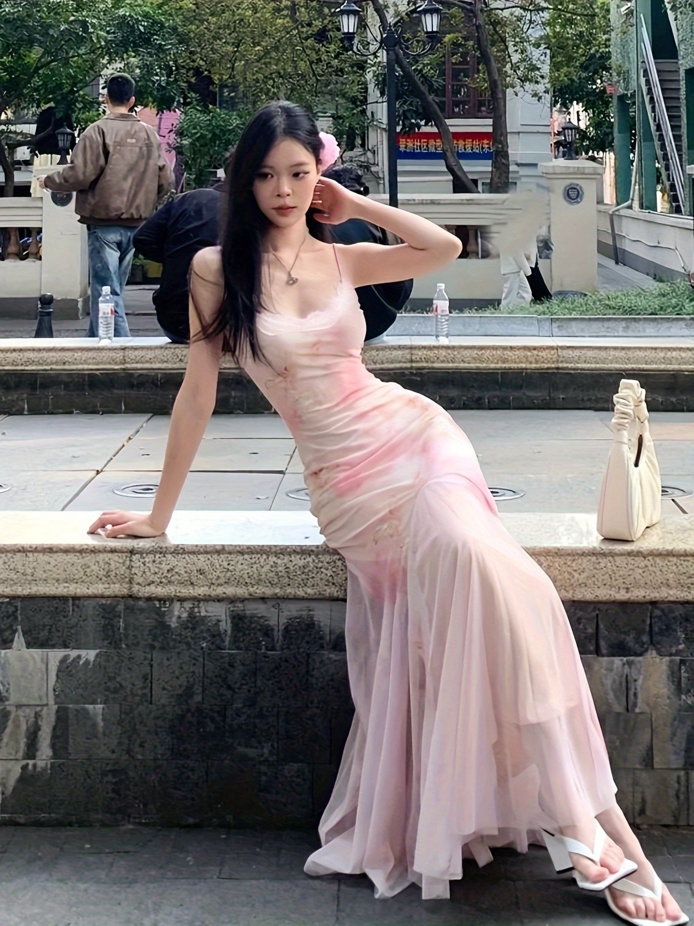 elegant floral dress women summer style pink