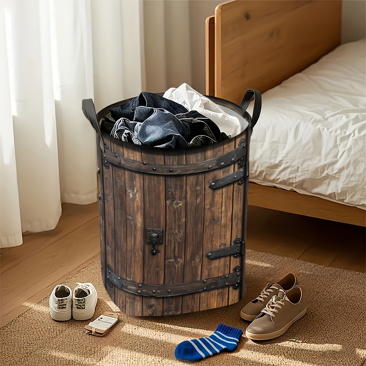 TEMU 1 Cesto portabiancheria oversize pieghevole | Design retr簷 in legno, Cesto portaoggetti in tessuto con stabile, Cesto portabiti oversize, Design