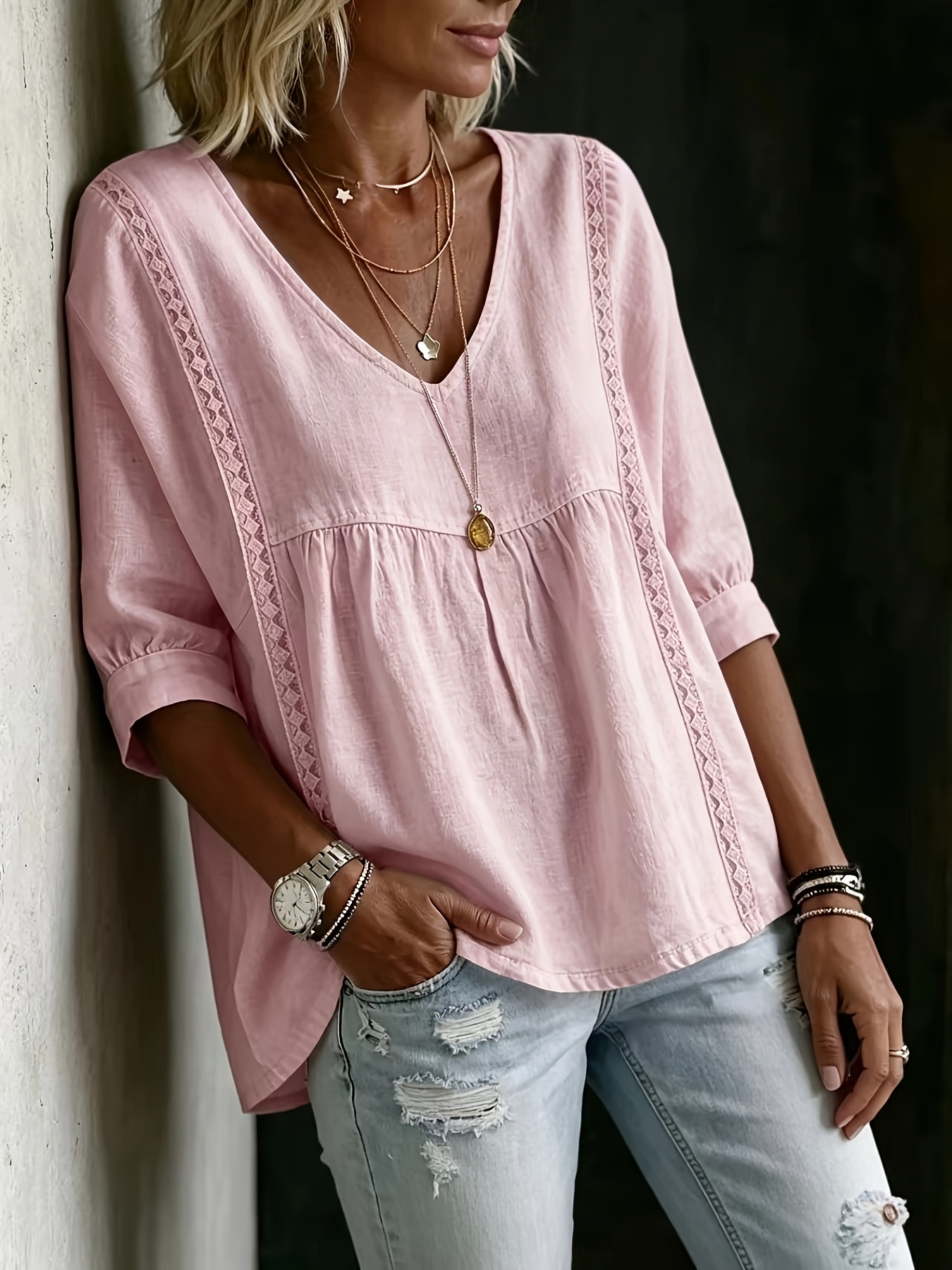 plus size casual three quarter sleeve lace v neck pullover multi color shirt