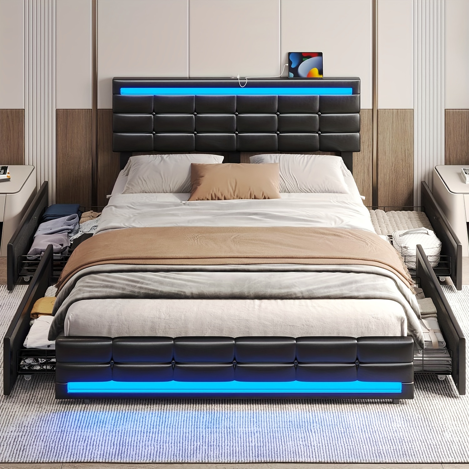 

Queen Led Bed Frame With Charging Station And Led Lights, Faux Leather Platform Ith Adjustable Headboard And 4 Drawers For Bedroom, Black