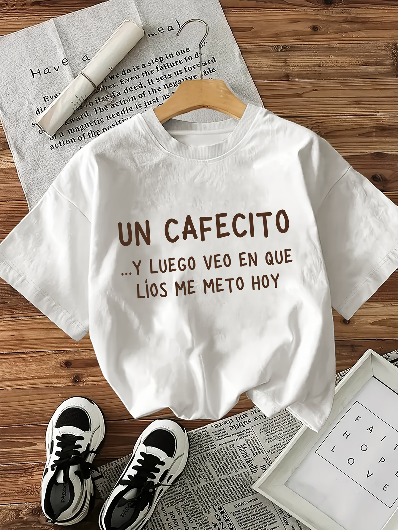 camiseta   casual de moda para mujer con estampado para amantes del café y cuello  