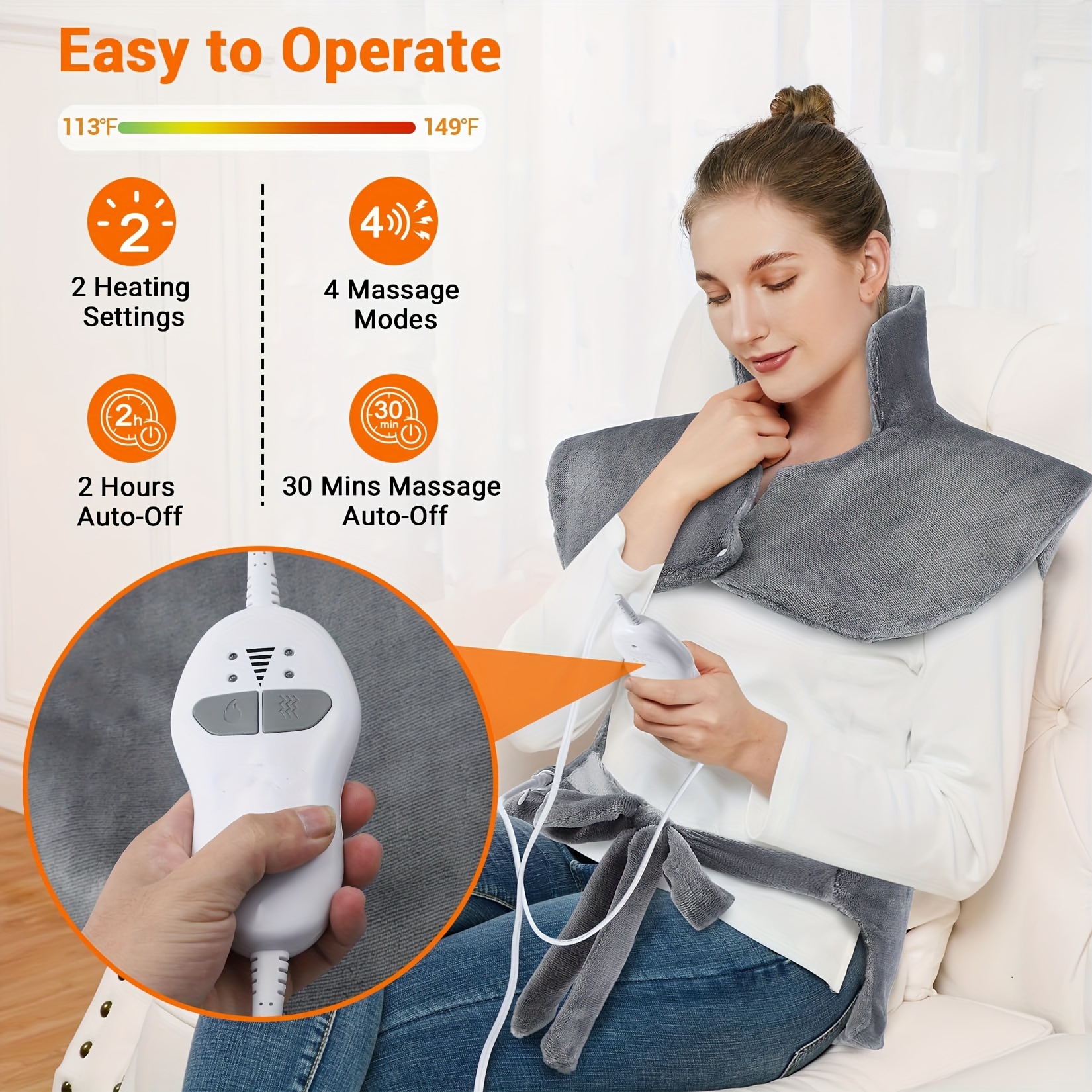large heating pad with massager 24 x 35 electric heating pad for neck back shoulders with 3 heat levels 3 massage settings 2 hour auto shut off Product details 6