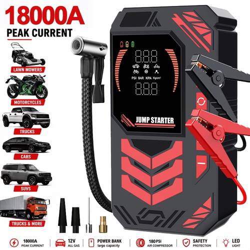 item picture 18000 in 1 multi function emergency jump starter with air pump and 10000a single emergency jump starter 18000a emergency jump starter with air compressor 22 cylinder 4x faster inflation speed rechargeable battery led emergency light